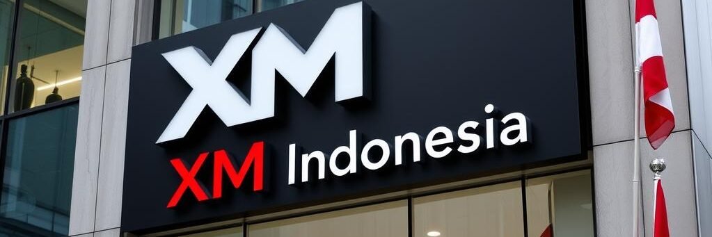Logo XM Indonesia dengan latar belakang gedung perkantoran modern