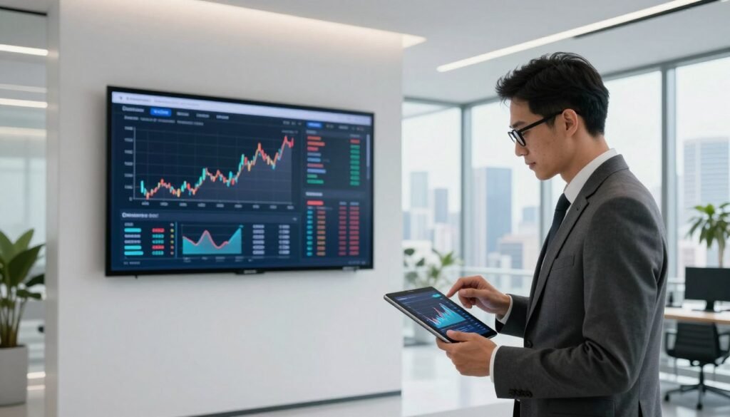 A modern financial office environment with a sleek, minimalist design. In the foreground, a professional-looking business consultant wearing a tailored suit and glasses analyzes graphs on a digital tablet. In the middle ground, a large wall screen displays charts and data related to trading services, with a focus on Dooprime, set against a backdrop of a panoramic city view through large windows, showcasing a bustling urban skyline. The lighting is bright and natural, illuminating the space with a sense of optimism and clarity. The atmosphere is dynamic and focused, reflecting the energy of a professional trading environment, accentuated by subtle reflections on glass surfaces and hints of greenery from indoor plants to enhance a fresh, inspiring vibe.