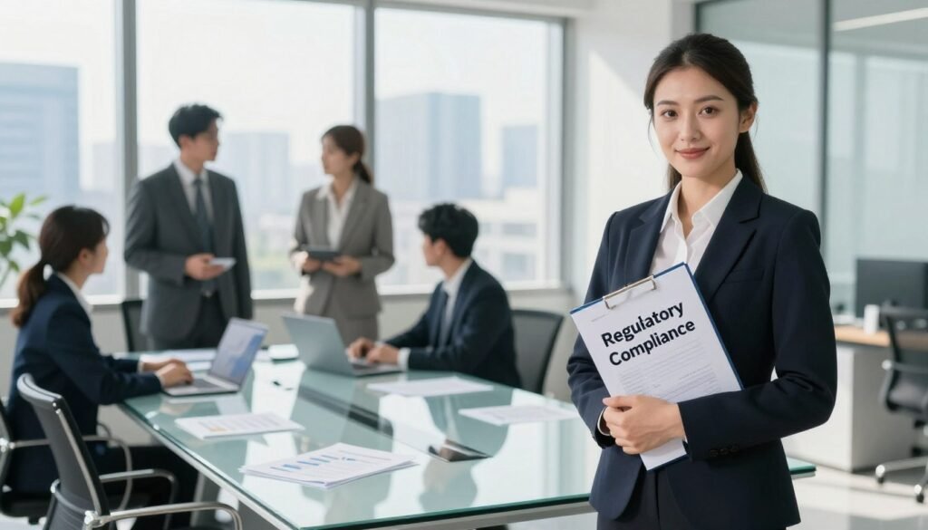 A modern office environment depicting the concept of regulatory status. In the foreground, include a confident business professional in formal attire, holding a folder labeled 'Regulatory Compliance'. The middle section features a sleek, glass conference table with papers, a laptop displaying financial charts, and a cityscape visible through large windows, hinting at corporate transparency. In the background, blurred silhouettes of office employees engaged in discussion, symbolizing teamwork and accountability. The lighting is bright and natural, creating a sense of clarity and professionalism, with sunlight streaming through the windows at a slight angle. The overall mood conveys trustworthiness and diligence in the financial sector, emphasizing the importance of regulatory oversight. A modern office environment depicting the concept of regulatory status. In the foreground, include a confident business professional in formal attire, holding a folder labeled 'Regulatory Compliance'. The middle section features a sleek, glass conference table with papers, a laptop displaying financial charts, and a cityscape visible through large windows, hinting at corporate transparency. In the background, blurred silhouettes of office employees engaged in discussion, symbolizing teamwork and accountability. The lighting is bright and natural, creating a sense of clarity and professionalism, with sunlight streaming through the windows at a slight angle. The overall mood conveys trustworthiness and diligence in the financial sector, emphasizing the importance of regulatory oversight.