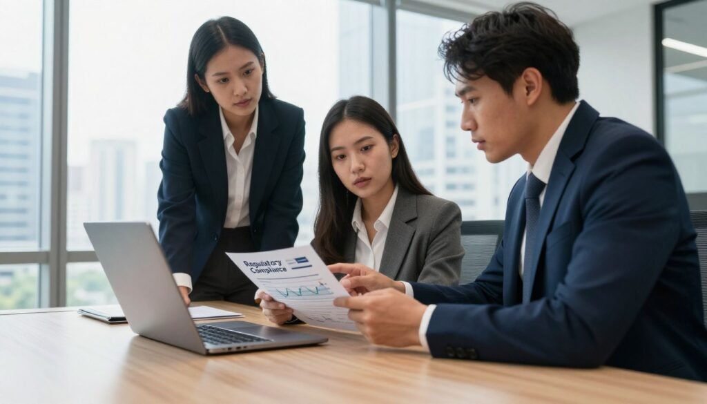 A modern office setting dedicated to financial regulation and safety, featuring a sleek wooden desk in the foreground with a laptop open displaying financial charts. In the middle ground, a group of three diverse professionals in business attire (a man and two women) are engaged in a serious discussion, pointing at a document titled “Regulatory Compliance” laying on the desk. The background showcases large windows revealing a cityscape, with soft, natural light flooding the scene, accentuating a sense of trust and professionalism. The mood is focused and serious, reflecting the importance of regulation in the finance sector. The composition captures a slight upward angle to emphasize the authority and reliability of the setting.