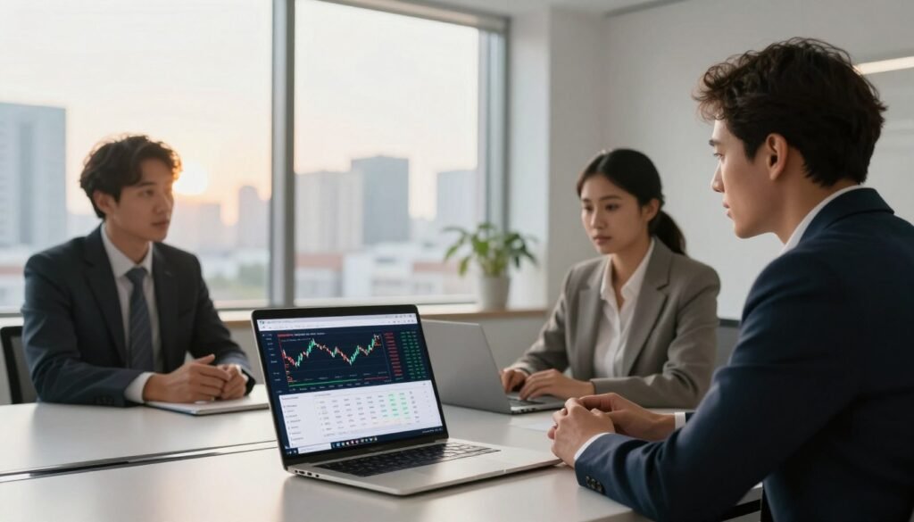 A modern office setting featuring a diverse group of three professionals in business attire discussing Forex trading strategies around a sleek conference table. In the foreground, a laptop displays the Exness trading platform interface, showcasing real-time currency charts and analytics. The middle ground includes a large window revealing a city skyline bathed in warm, natural light, creating an inviting atmosphere. The background is filled with minimalistic decor, adding a touch of sophistication. Use soft focus on the professionals while ensuring the laptop screen is clearly visible. The scene conveys a mood of collaboration and professionalism, emphasizing the theme of financial growth and trading. The lighting is bright yet warm, enhancing the welcoming environment.