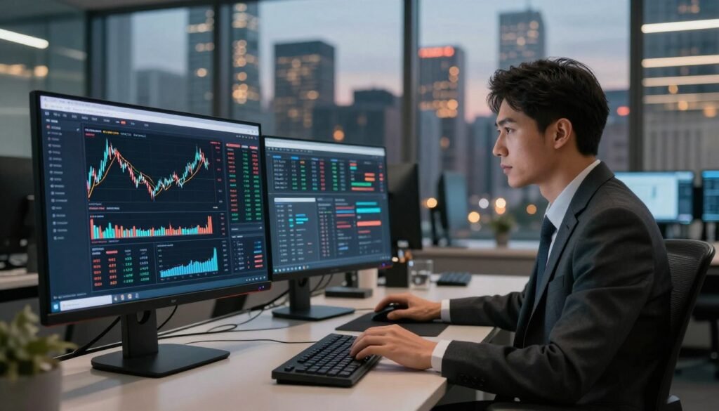A modern trading platform interface displayed on multiple sleek monitors in a contemporary office environment. In the foreground, show a close-up of a high-resolution computer screen showcasing Ultima Markets' user-friendly interface with candlestick charts, live market data, and various trading tools. In the middle, depict a professional trader in business attire deeply focused on analyzing the data, with one hand on a mouse and the other on a keyboard. The background features a panoramic view of a bustling city skyline through large glass windows, illuminated by the warm glow of evening lights. Soft, ambient lighting enhances the sleek technology while conveying a serious yet optimistic atmosphere, emphasizing the dynamic world of trading. A modern trading platform interface displayed on multiple sleek monitors in a contemporary office environment. In the foreground, show a close-up of a high-resolution computer screen showcasing Ultima Markets' user-friendly interface with candlestick charts, live market data, and various trading tools. In the middle, depict a professional trader in business attire deeply focused on analyzing the data, with one hand on a mouse and the other on a keyboard. The background features a panoramic view of a bustling city skyline through large glass windows, illuminated by the warm glow of evening lights. Soft, ambient lighting enhances the sleek technology while conveying a serious yet optimistic atmosphere, emphasizing the dynamic world of trading.