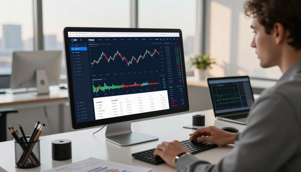 A modern trading platform interface prominently displayed on a sleek computer screen, showcasing live charts and data analytics related to forex and stock trading. In the foreground, a focused professional in business attire is analyzing the platform, with a look of concentration on their face. The middle ground features a stylish office environment with minimalistic decor, including a desk with trading tools, a laptop, and financial reports scattered. The background reveals large windows with a city skyline, bathed in warm afternoon light, creating an optimistic atmosphere. The angle is slightly tilted to emphasize the dynamic nature of trading. The image should convey a sense of professionalism and innovation in the world of finance, evoking excitement for traders seeking new opportunities. A modern trading platform interface prominently displayed on a sleek computer screen, showcasing live charts and data analytics related to forex and stock trading. In the foreground, a focused professional in business attire is analyzing the platform, with a look of concentration on their face. The middle ground features a stylish office environment with minimalistic decor, including a desk with trading tools, a laptop, and financial reports scattered. The background reveals large windows with a city skyline, bathed in warm afternoon light, creating an optimistic atmosphere. The angle is slightly tilted to emphasize the dynamic nature of trading. The image should convey a sense of professionalism and innovation in the world of finance, evoking excitement for traders seeking new opportunities.