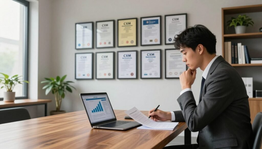 A professional office environment depicting the regulatory status of CXM Direct. In the foreground, a polished wooden desk with a laptop showing graphs and charts related to financial regulations. A person in a tailored suit stands thoughtfully beside the desk, analyzing documents with a focused expression. In the middle ground, a large wall features framed certifications and regulatory licenses, elegantly illuminated by soft, natural lighting from a nearby window. The background includes modern office decor such as potted plants and bookshelves filled with financial literature. The atmosphere is calm and professional, conveying a sense of trust and authority in the broker's regulatory compliance. Use a wide-angle lens to capture the depth and clarity of the scene, emphasizing the importance of regulation in the financial industry.