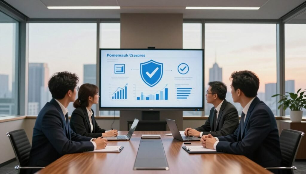 A professional office environment showcasing a conference room with a large table made of polished wood. In the foreground, a diverse group of three business professionals, dressed in formal business attire, are engaged in a discussion about regulatory frameworks and safety measures in trading. The middle ground features a large digital screen displaying charts and icons symbolizing regulation and safety, such as shields and check marks. In the background, there are large windows revealing a city skyline, softly illuminated by warm, natural light. The atmosphere feels serious yet collaborative, emphasizing trust and transparency in financial services. The image is shot with a wide-angle lens, capturing a sense of openness and professionalism.