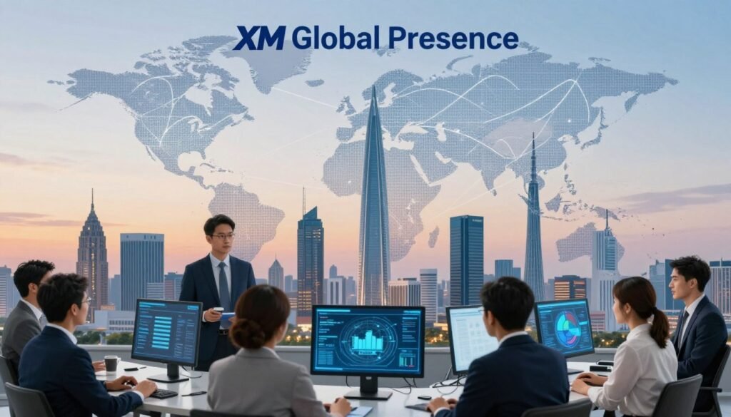 An abstract representation of "XM Global Presence," showcasing a world map with interconnected lines symbolizing global connectivity. In the foreground, depict a group of diverse professionals, dressed in smart business attire, engaged in a discussion around digital visualizations. In the middle ground, illustrate prominent global landmarks like skyscrapers, financial institutions, and technology hubs, representing various markets. The background should feature a gradient sky transitioning from dawn to daylight, underscoring the dynamics of global finance. Use soft, professional lighting to create a polished atmosphere, focusing on vibrant yet calming colors. Capture the scene from a slightly elevated angle to provide depth, emphasizing the unity and collaboration fostered by the XM platform across continents.